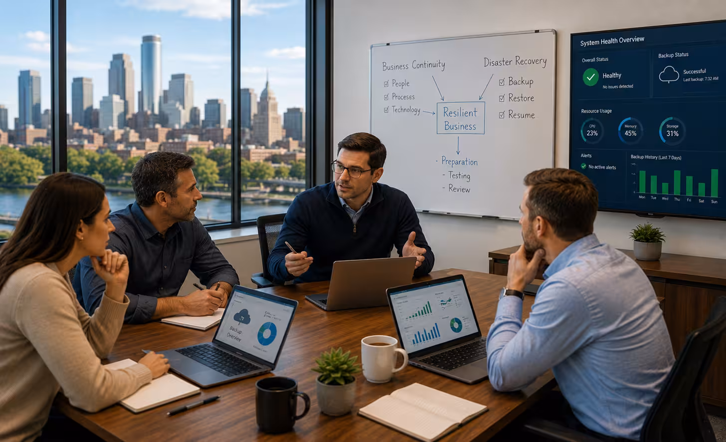 Business leaders discussing business continuity and disaster recovery strategies with backup planning, system monitoring, and