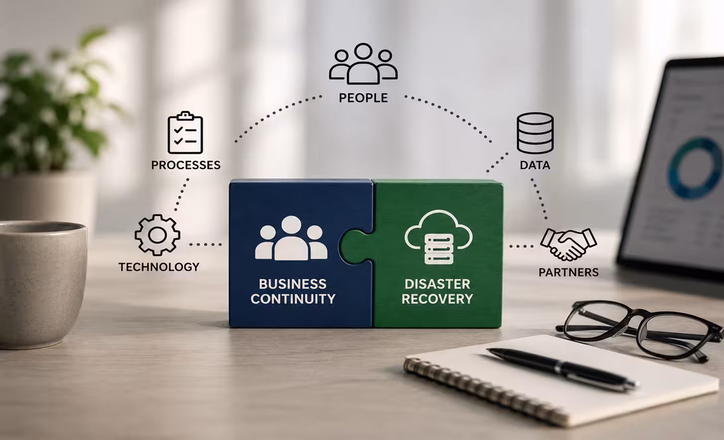 Business continuity and disaster recovery working together to strengthen organizational resilience through people, processes, technology, data, and partners