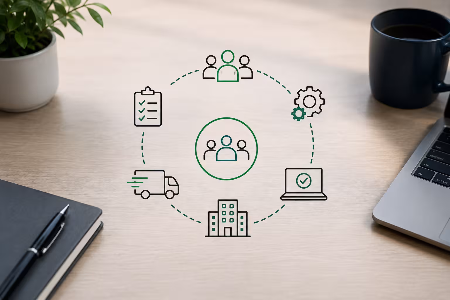 Business continuity framework showing people, processes, technology, facilities, and operations working together to keep organizations running during disruptions