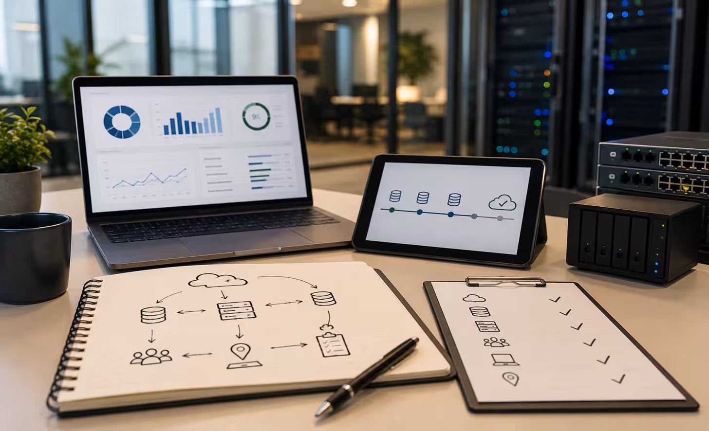 Disaster recovery plan components including data backup, system recovery, infrastructure monitoring, recovery workflows, and IT resilience planning