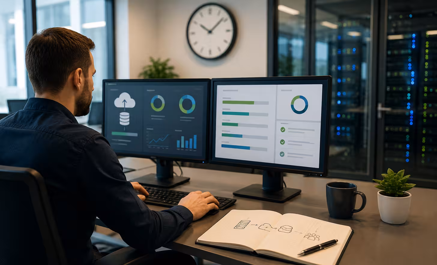 IT administrator monitoring Recovery Point Objective (RPO) dashboards to track backup frequency, data protection, and disaster recovery readiness