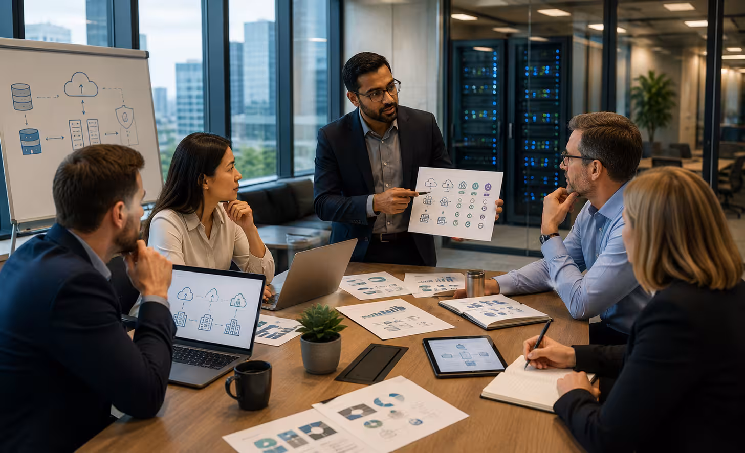 IT team evaluating disaster recovery strategies by reviewing cloud backup, recovery options, infrastructure, and business resilience planning
