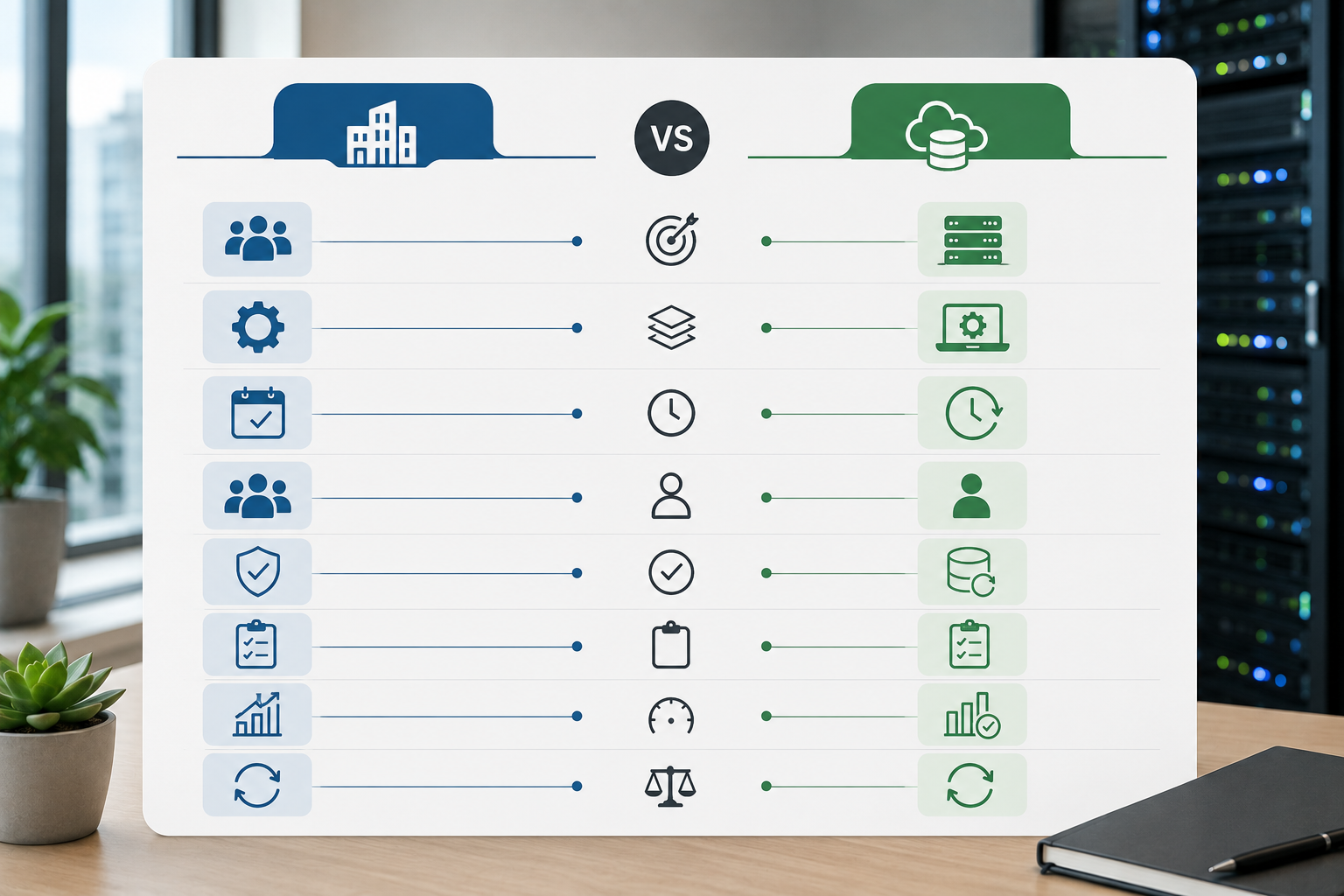 Business continuity vs. disaster recovery comparison chart highlighting key differences in planning, operations, recovery, security, compliance, and business resilience