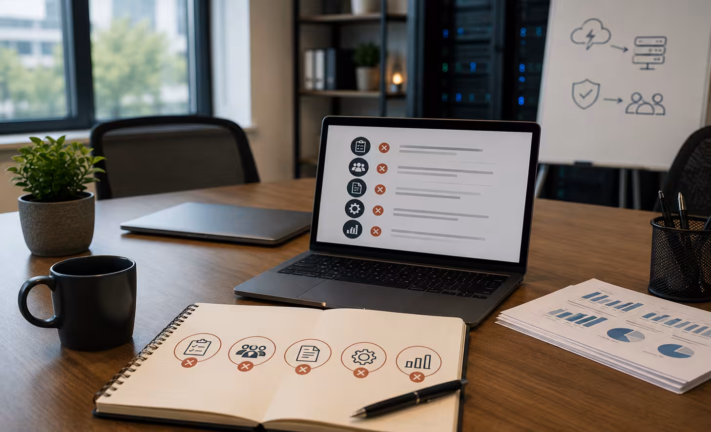 Illustration of five common business continuity and disaster recovery mistakes, including missing planning, documentation, testing, communication, and performance monitoring