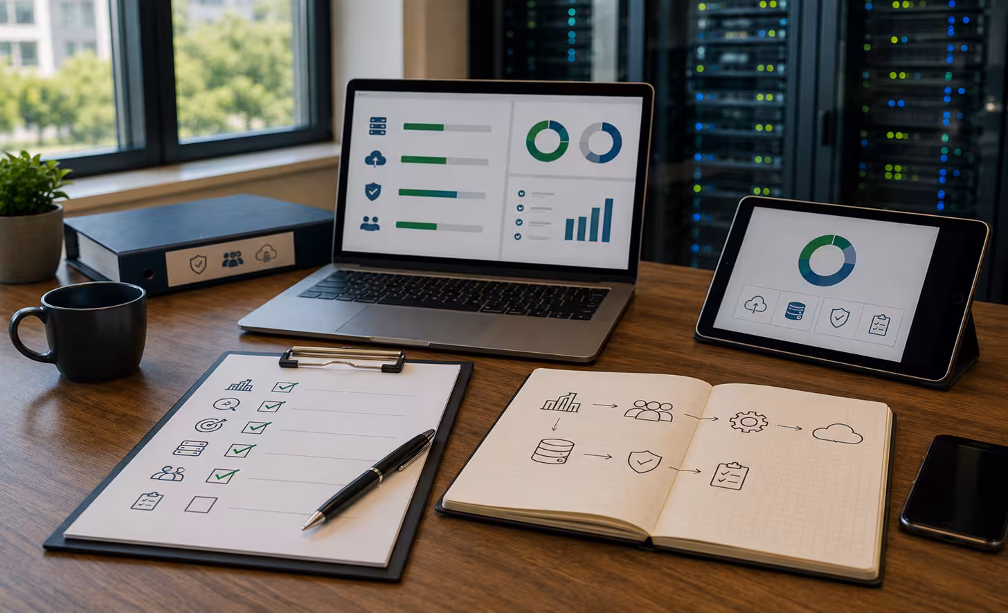 Business continuity and disaster recovery checklist with backup planning, risk assessment, security, cloud infrastructure, and recovery workflow
