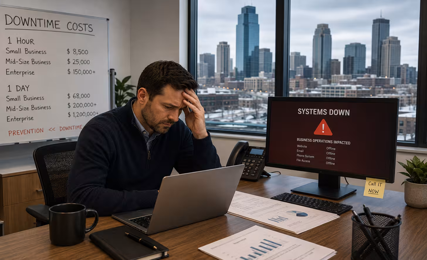 A stressed businessman holding his head at a desk, looking at his laptop during a technical outage. On his desk, a second mon