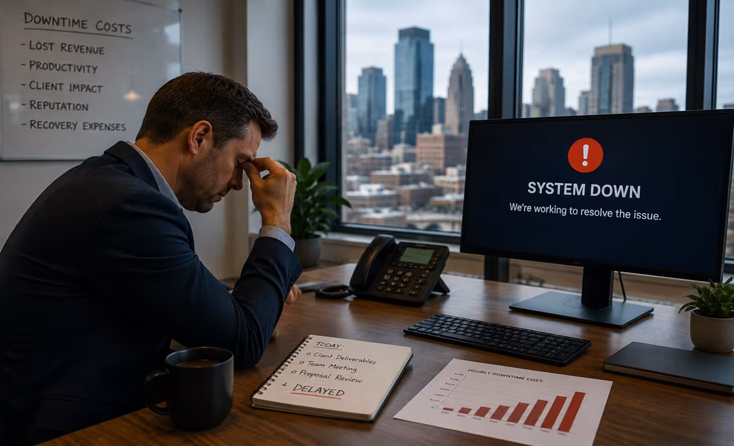 A stressed businessman in a suit sitting at his desk, pinching the bridge of his nose in frustration during an IT outage.