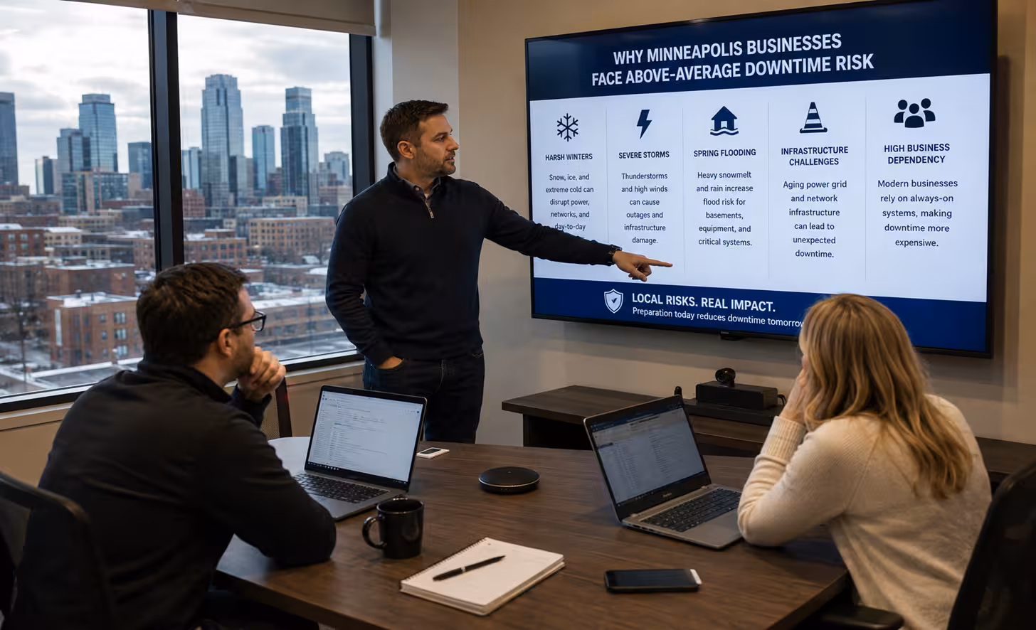 A professional presenting to two colleagues in a conference room, pointing at a large wall monitor displaying a slide titled "WHY MINNEAPOLIS BUSINESSES FACE ABOVE-AVERAGE DOWNTIME RISK.