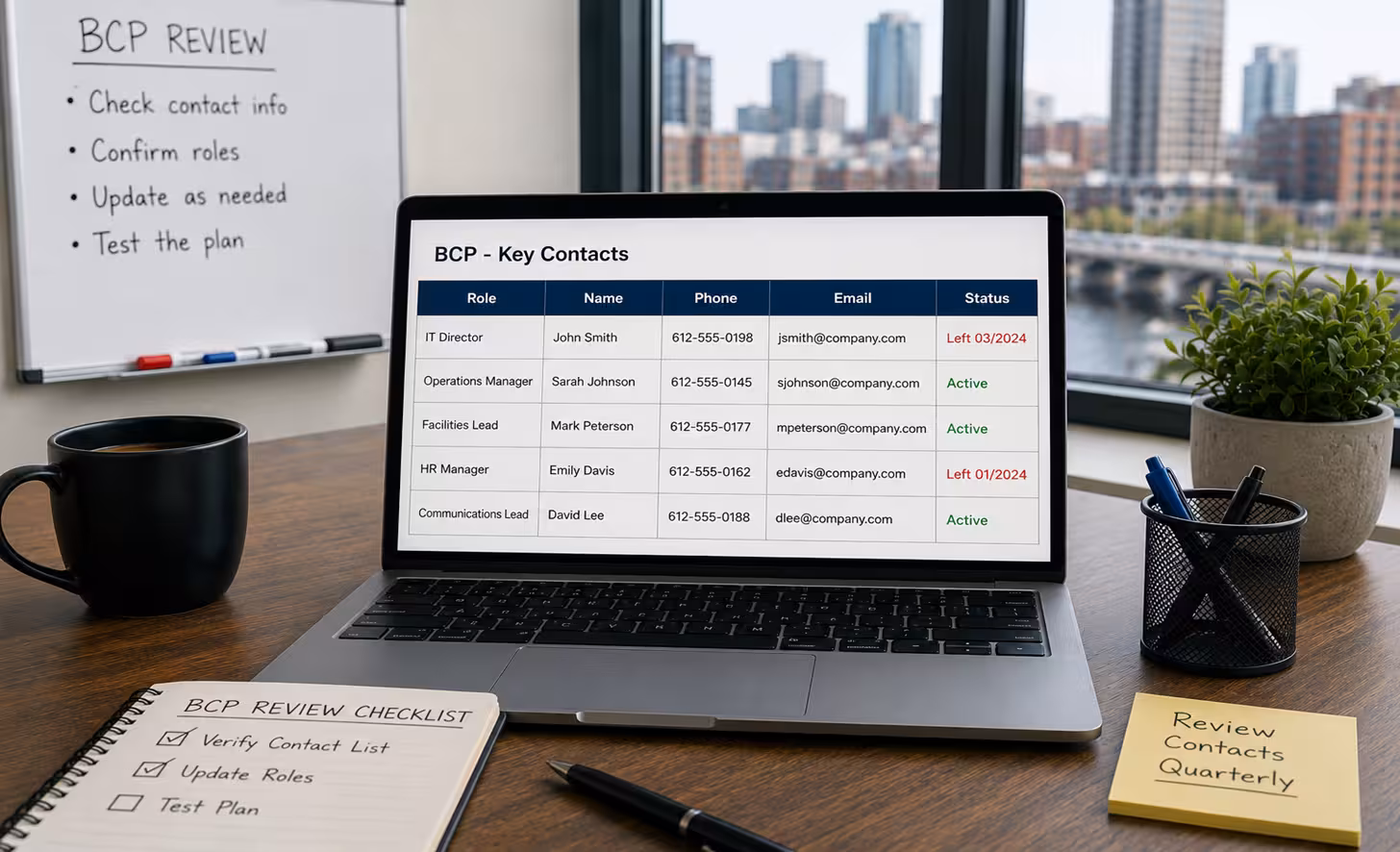 Business continuity plan with outdated emergency contact list highlighting the need to update key personnel information