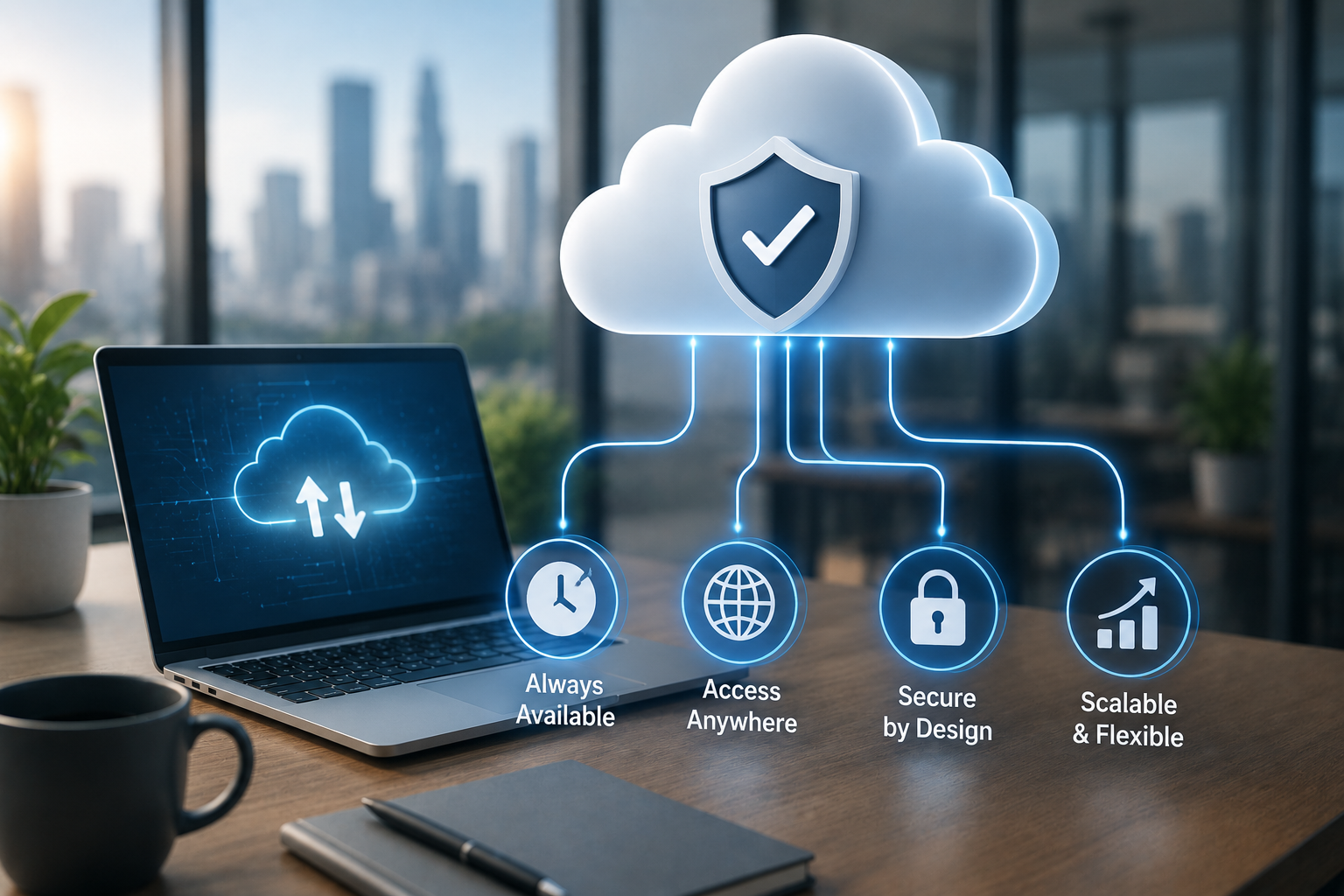 Secure cloud infrastructure connecting a laptop for always-on, scalable, and secure business access.