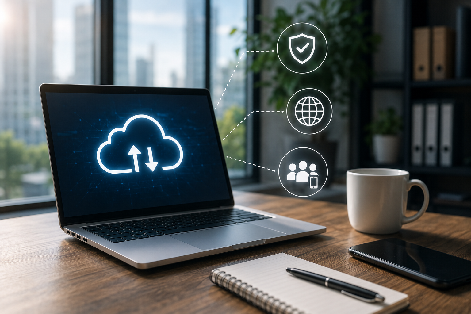 Laptop displaying cloud technology with security, connectivity, and remote access icons.