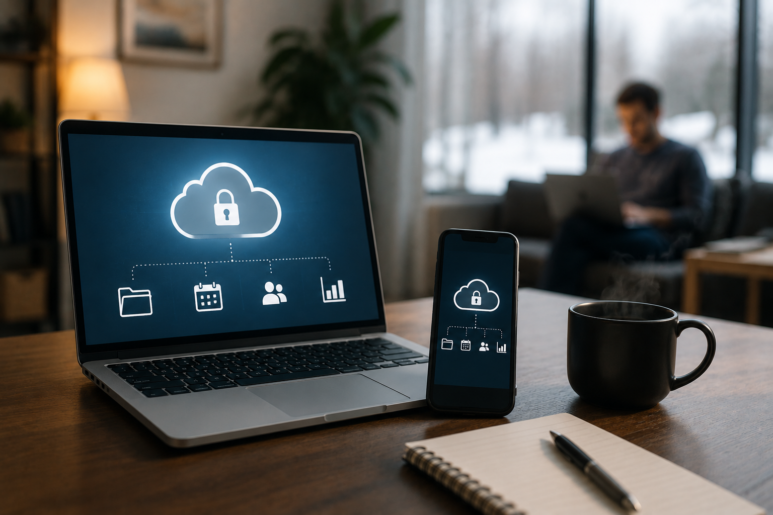 Secure cloud access across laptop and smartphone for remote work and business continuity.