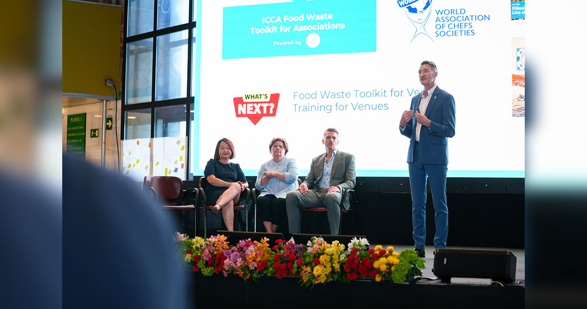 Leaders from ICCA and partner organizations gather on stage in Granada to launch the ICCA Food Waste Toolkit for Associations—signaling a new chapter for sustainable event planning worldwide.
