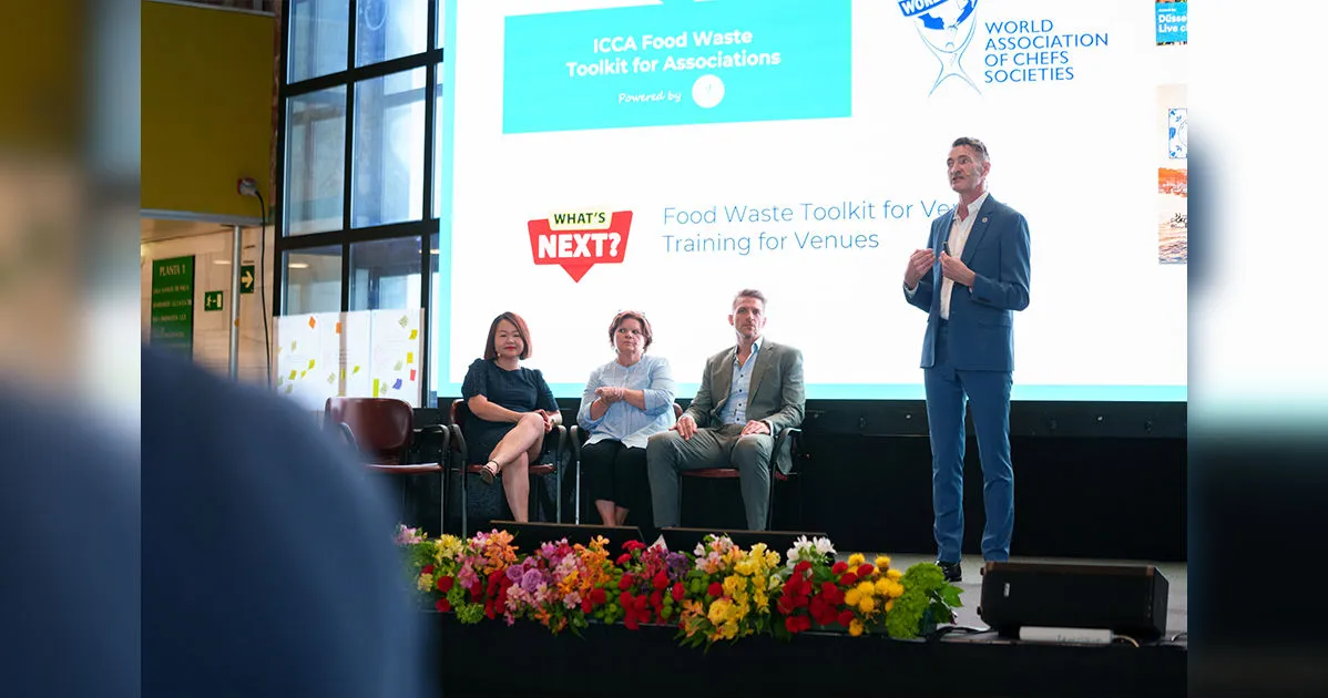Leaders from ICCA and partner organizations gather on stage in Granada to launch the ICCA Food Waste Toolkit for Associations—signaling a new chapter for sustainable event planning worldwide.