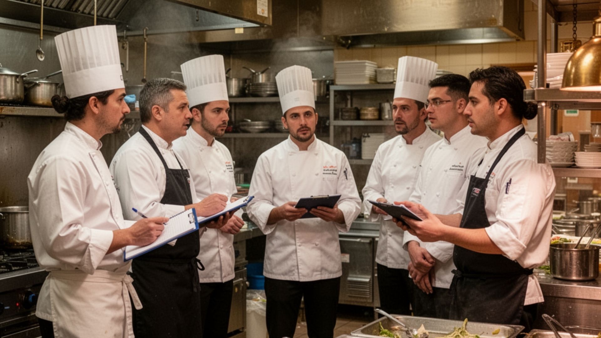 Hotel kitchen and service staff gathering for a "Buffet Freeze" session to discuss food waste and dish popularity at the end of a shift.