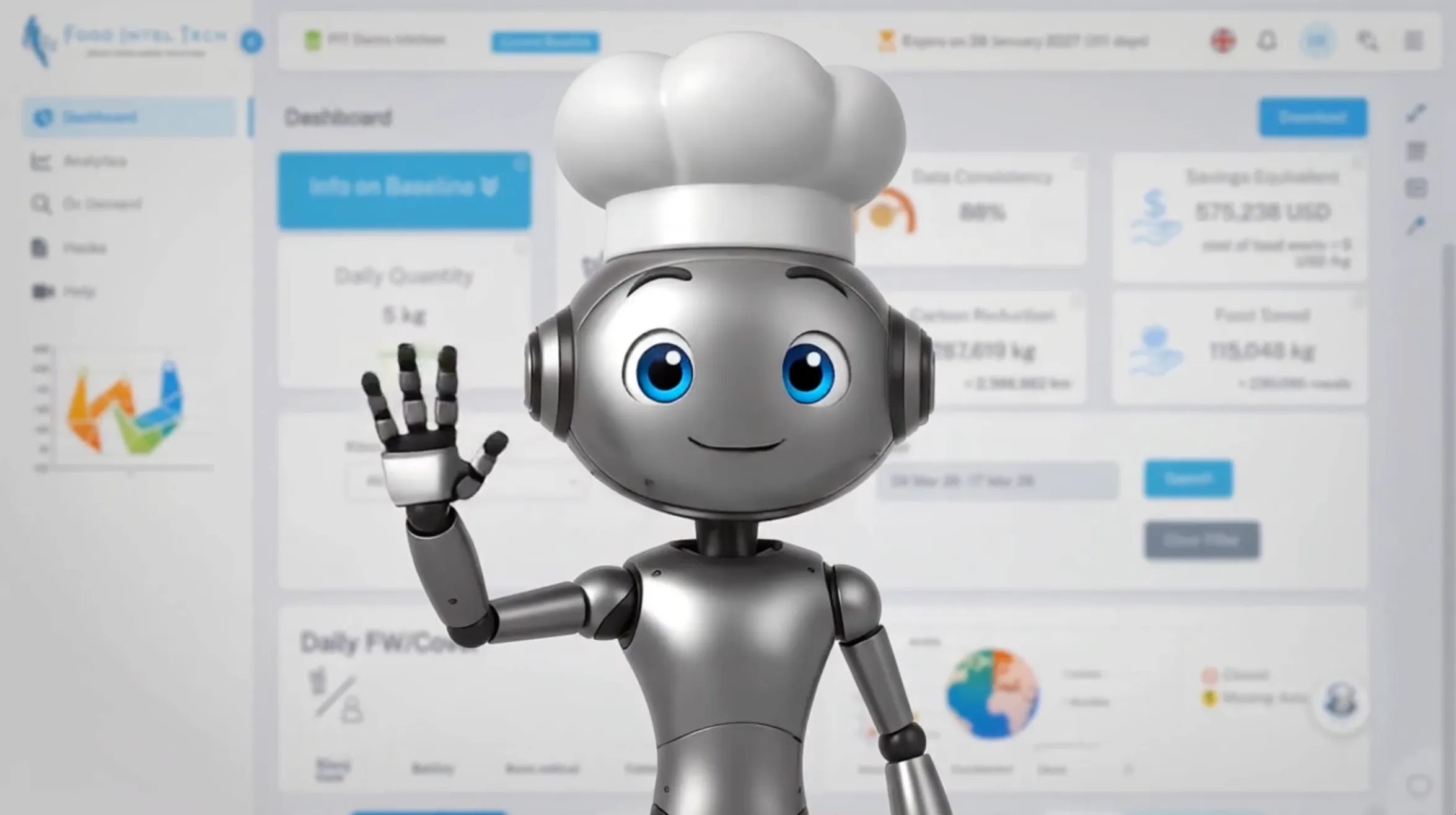 Pumpui, a friendly-looking digital assistant on a screen waving. In the background, there is a large professional kitchen with chefs working in it.