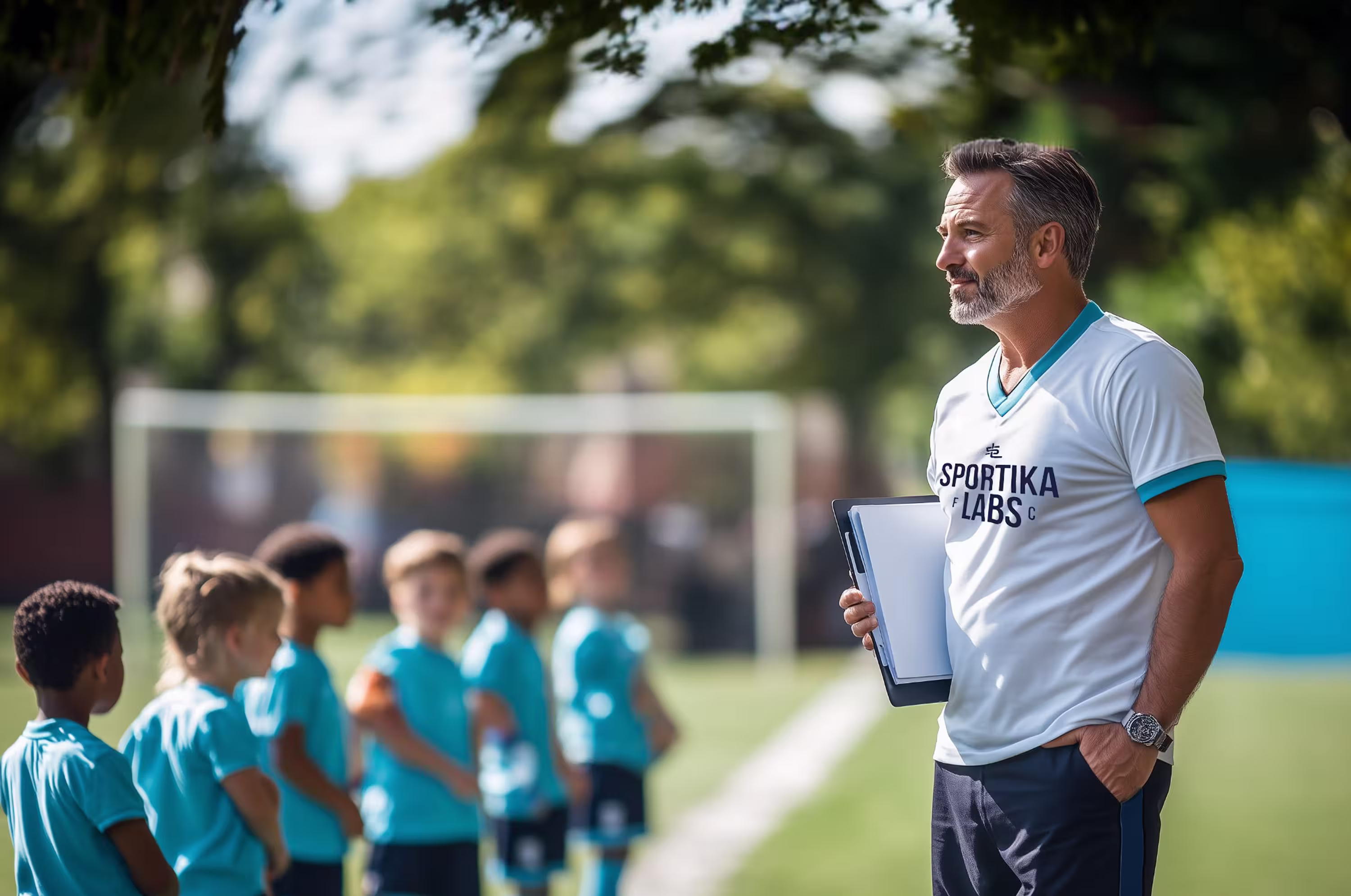 Male coach holding a clipboard and watching a group of young players lined up on the soccer field, wearing a Sportika Labs shirt.
