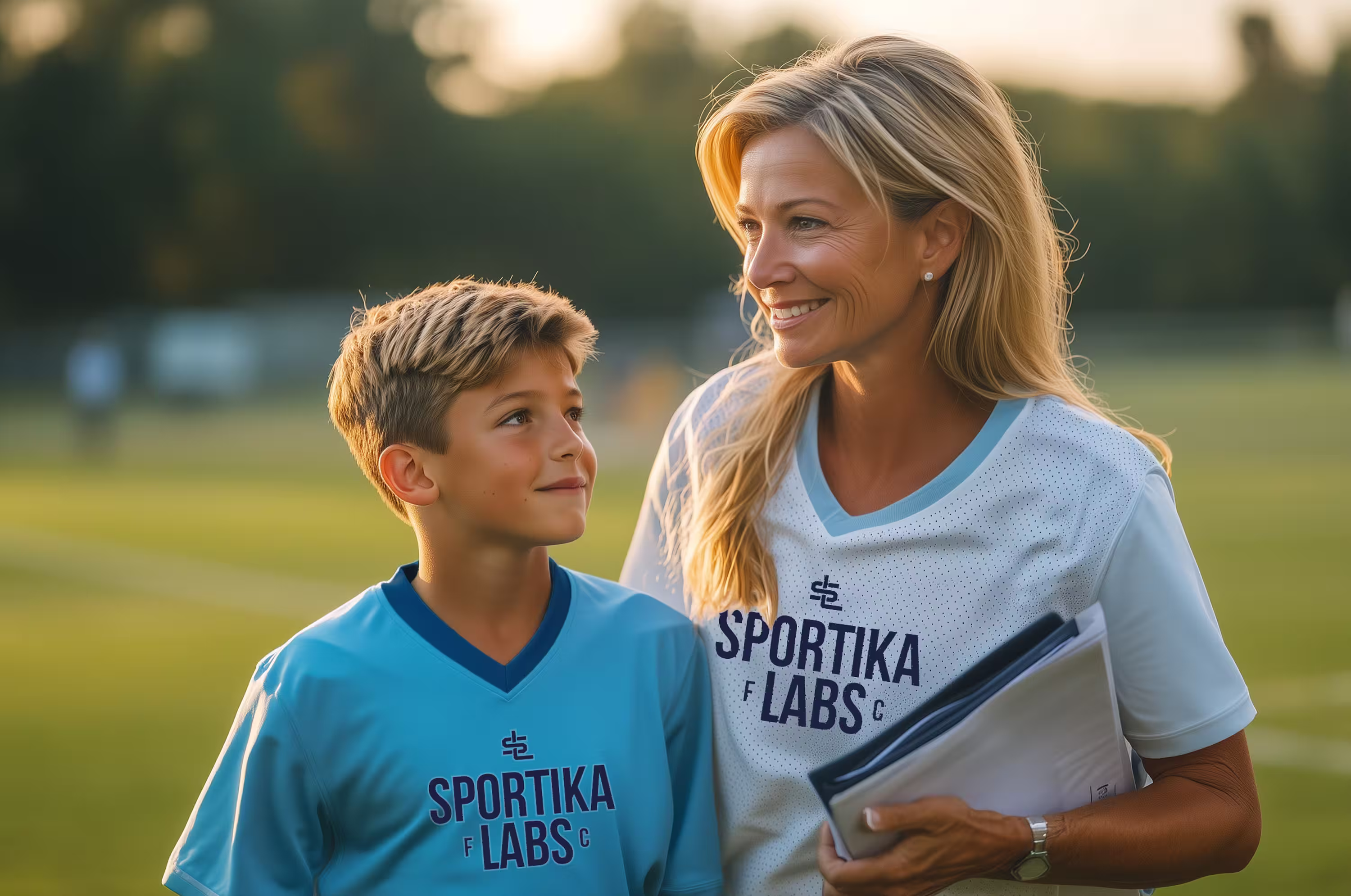 Female coach smiling and talking with a young boy in Sportika Labs uniform on the soccer field.