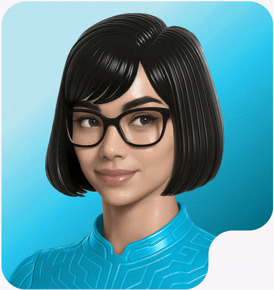 3D rendered portrait of a young woman with short black bob haircut and black rectangular glasses wearing a textured blue top.