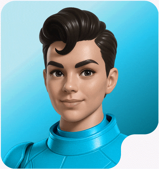 Animated portrait of a young person with styled dark hair and arched eyebrows wearing a futuristic blue outfit against a blue gradient background.