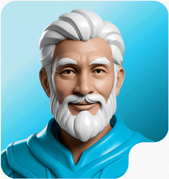 3D animated portrait of a smiling elderly man with white hair and beard wearing a blue cloak against a blue gradient background.
