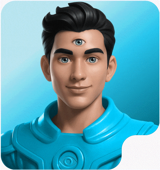 3D animated character with black hair and blue eyes wearing a blue futuristic suit, featuring a third eye in the middle of the forehead.