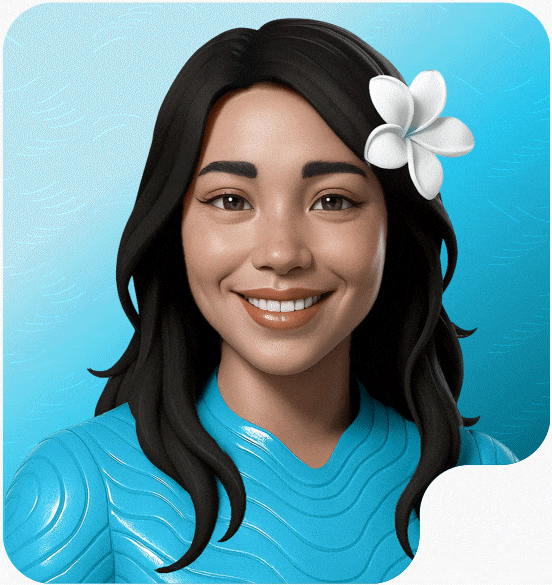 Smiling woman with long black hair wearing a blue top with wave patterns and a white flower tucked behind her ear.