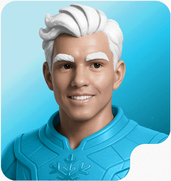 3D animated character with white hair and eyebrows wearing a blue suit featuring a snowflake emblem.