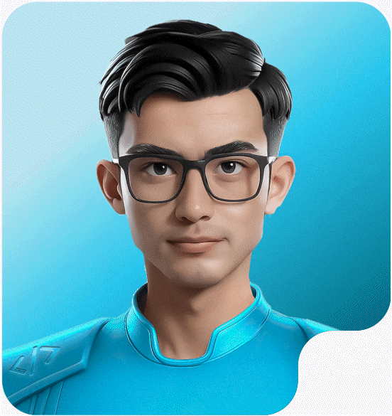 3D animated young man with black hair, wearing black glasses and a blue futuristic suit.