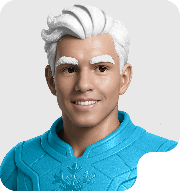 3D rendered portrait of a man with white hair and eyebrows wearing a blue suit with a snowflake design.