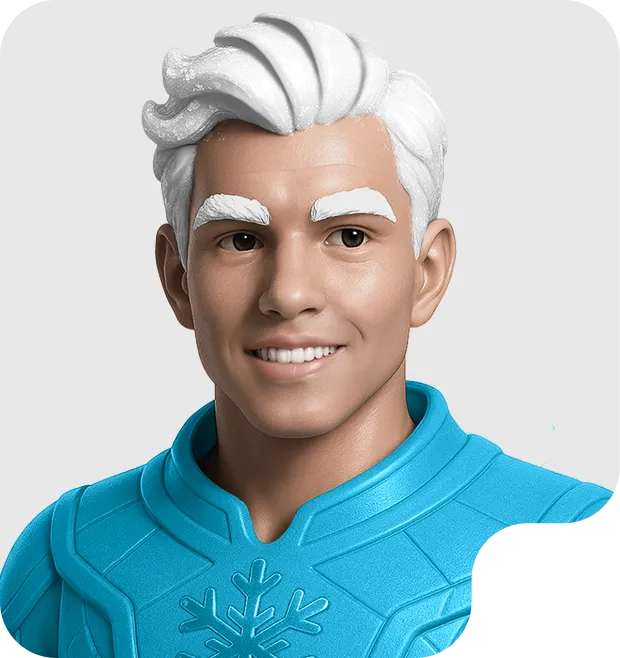 3D rendered portrait of a man with white hair and eyebrows wearing a blue suit with a snowflake design.