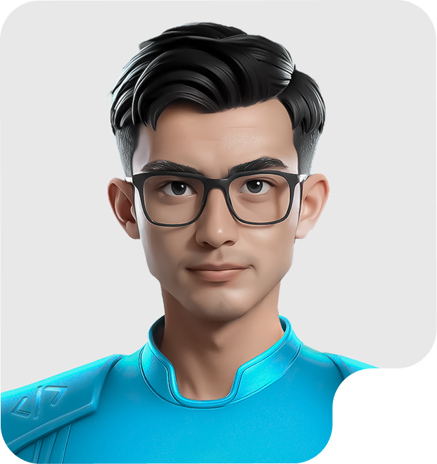 3D illustration of a young man with black hair and glasses wearing a blue futuristic suit.