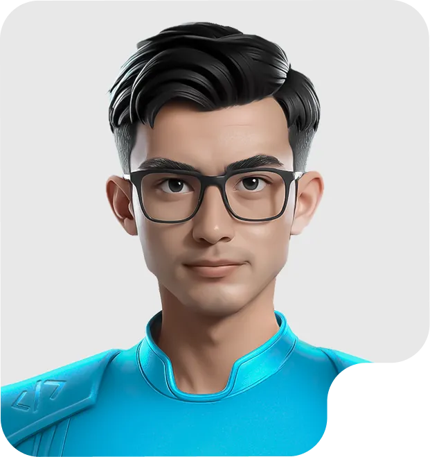 3D illustration of a young man with black hair and glasses wearing a blue futuristic suit.