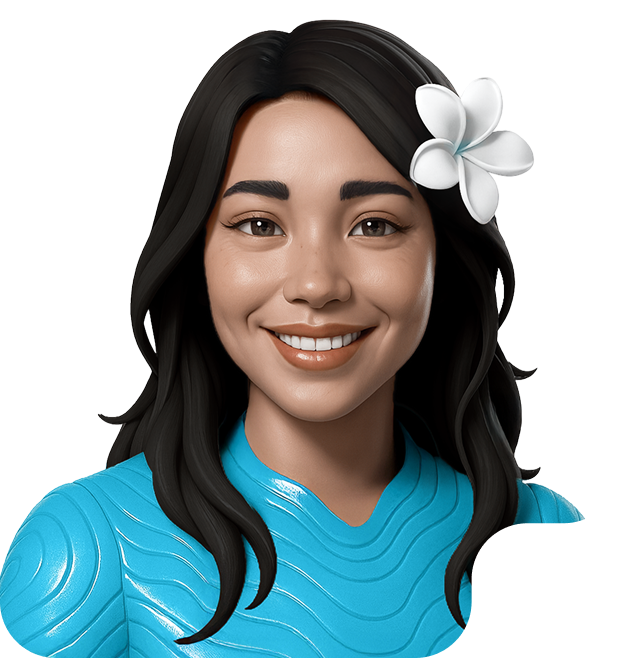 Smiling woman with long black hair wearing a blue textured top and a white flower in her hair.