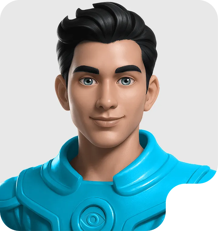 3D animated young man with black hair and blue eyes wearing a futuristic blue suit.