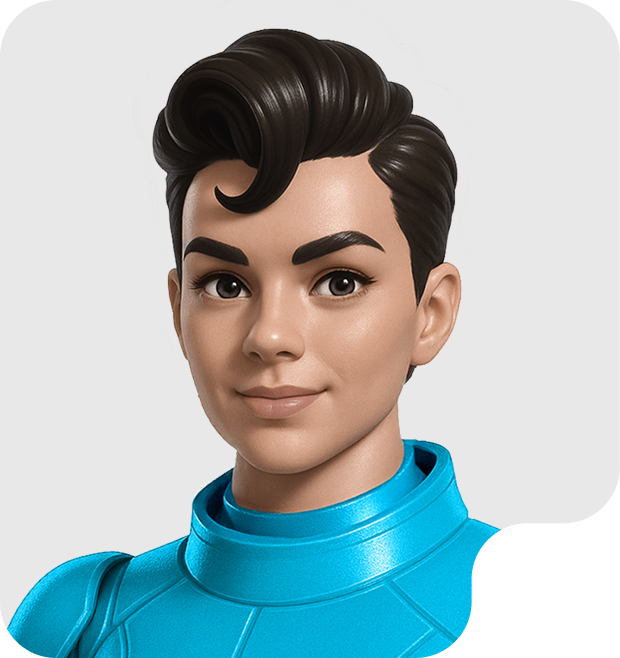 Digital avatar of a young person with dark hair styled in a curl, wearing a blue futuristic suit.