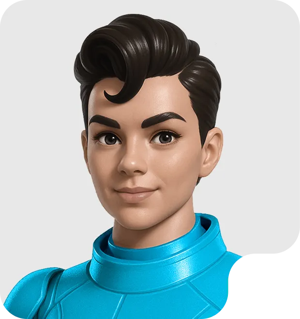 Digital avatar of a young person with dark hair styled in a curl, wearing a blue futuristic suit.