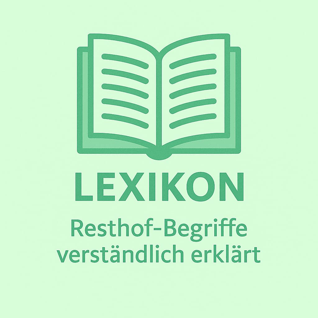 Illustration eines aufgeschlagenen Buches mit dem Schriftzug „Lexikon – Resthof-Begriffe verständlich erklärt“ in Blautönen