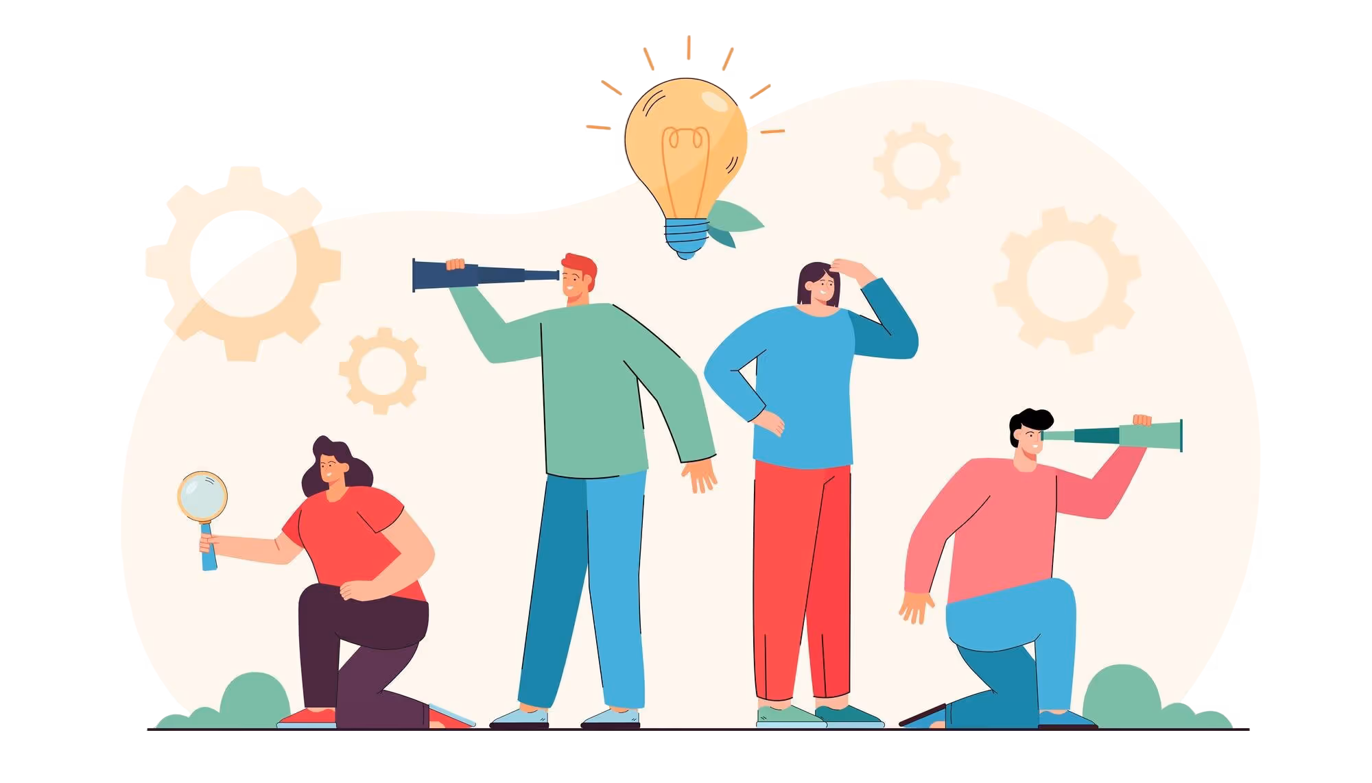 Illustration eines Teams das gemeinsam arbeitet um Resthöfe zu versichern