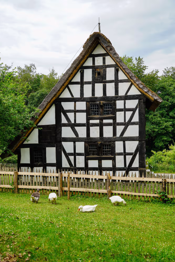 Altes Bauernhaus in Fachwerkbauweise und Reetdach als Beispiel für die Notwendigkeit von Versicherungsschutz