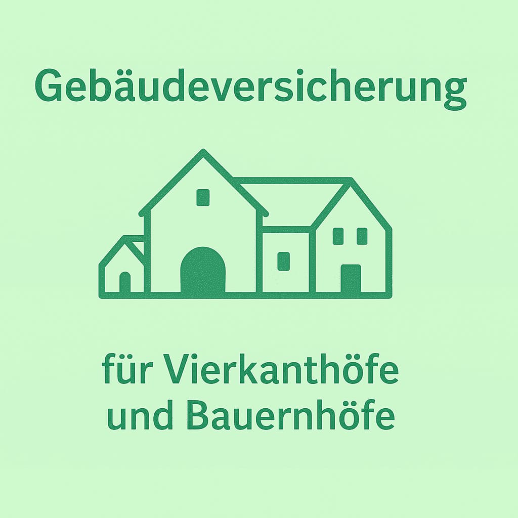 Illustration mehrerer landwirtschaftlicher Gebäude im grünen Farbton. Thema: Gebäudeversicherung für Vierkanthöfe, Bauernhöfe und ländliche Anwesen.