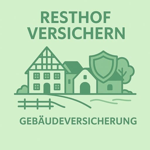 Illustration eines Resthofs mit Wohnhaus, Scheune und Schutzschild als Symbol für die passende Gebäudeversicherung bei historischen Hofanlagen.