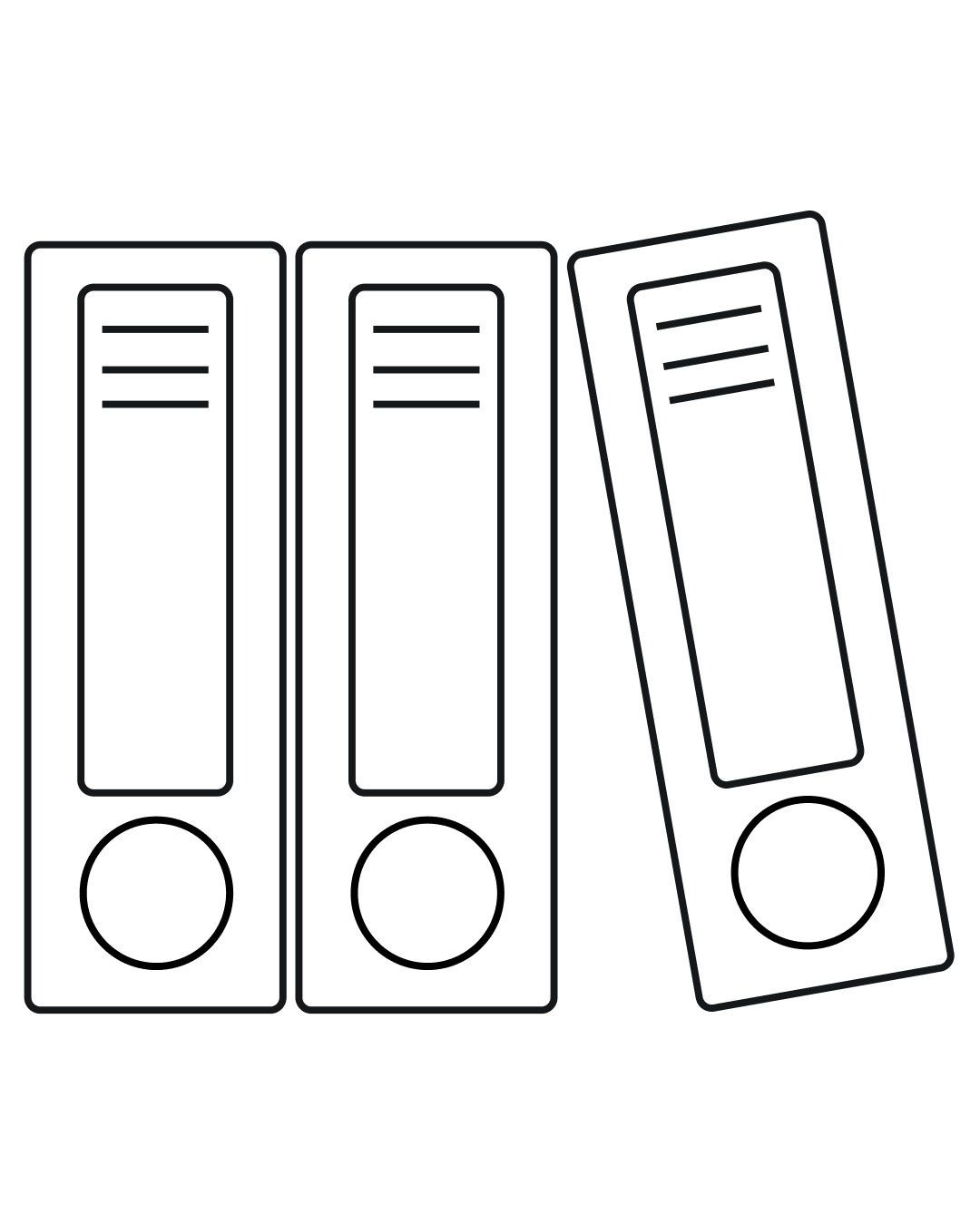 Icône minimaliste représentant trois classeurs de bureau alignés, l'un étant légèrement incliné.