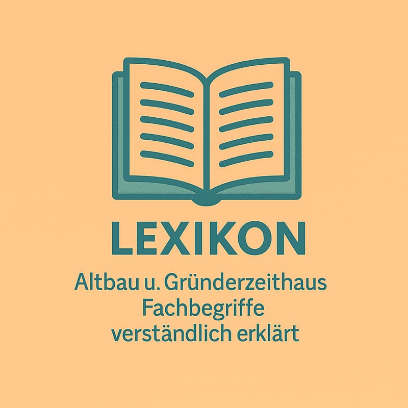 Illustration eines aufgeschlagenen Buches mit dem Schriftzug „Lexikon – Altbau verständlich erklärt“ in Gelbtönen