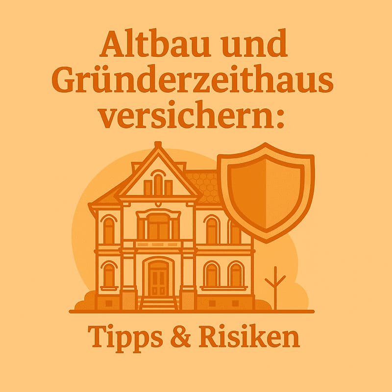 Illustration eines historischen Altbaus mit Schutzschild. Thema: Versicherungsschutz, Tipps und Risiken bei Altbauten und Gründerzeithäusern.
