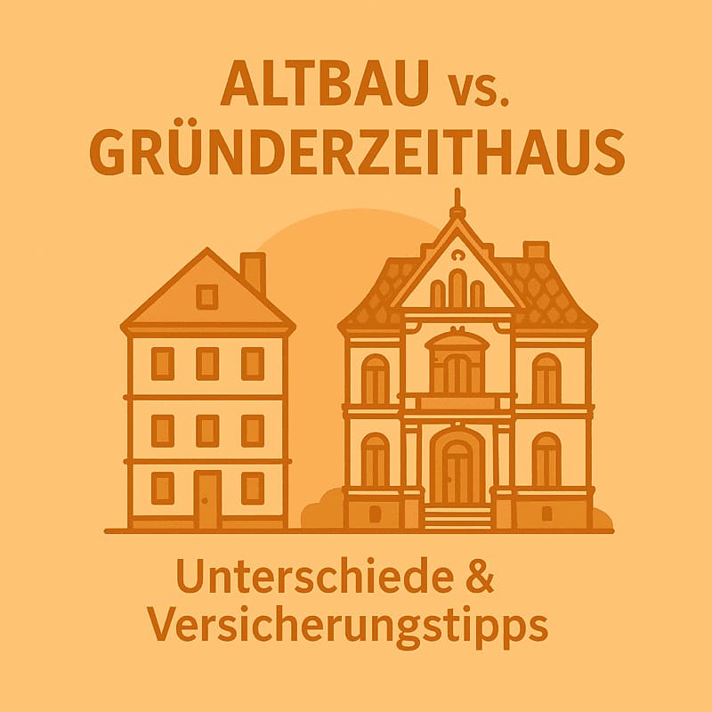 Illustration eines Altbaus und eines Gründerzeithauses nebeneinander. Thema: Unterschiede und Versicherungstipps für historische Gebäude.