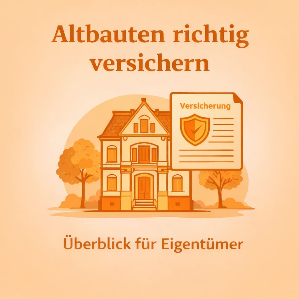 Illustration eines klassischen Altbaus mit einem Versicherungssymbol und Versicherungsunterlagen.