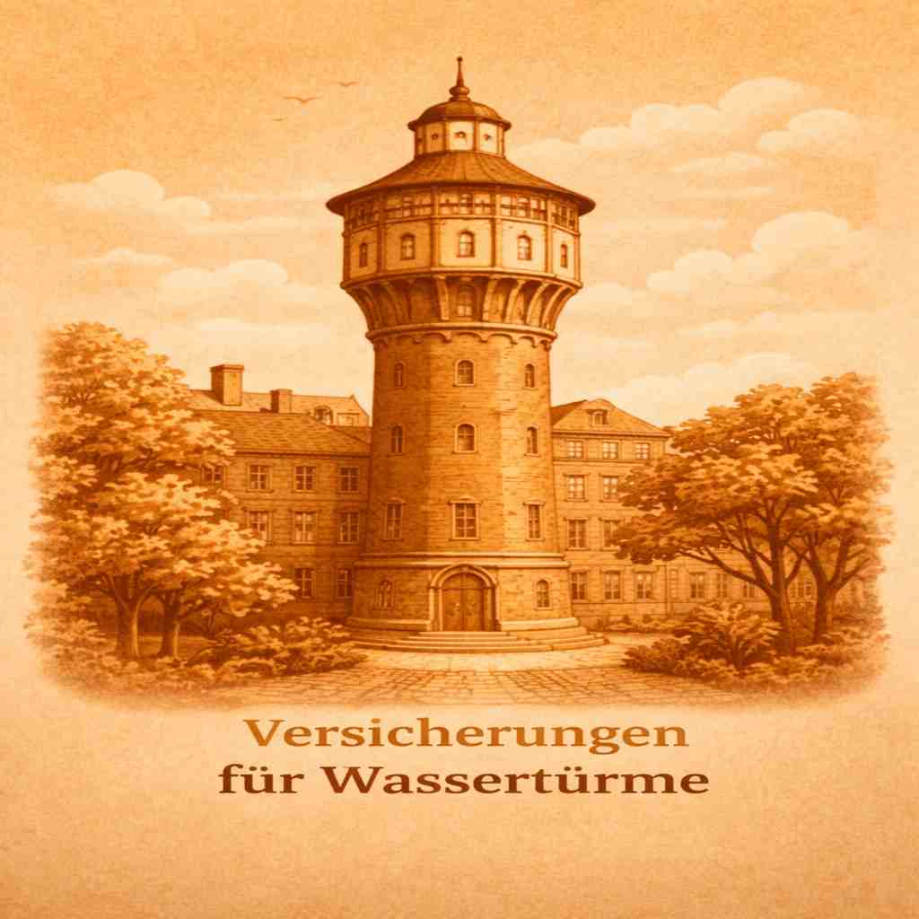 Illustration eines historischen Wasserturms mit umliegenden Gebäuden und Bäumen als Symbolbild für Versicherungen für Wassertürme.