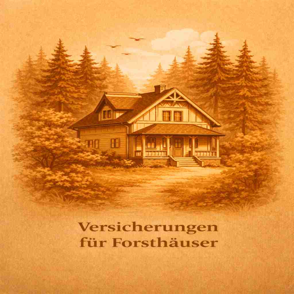 Illustration eines historischen Forsthauses in einer Waldlandschaft mit Bäumen und Naturumgebung