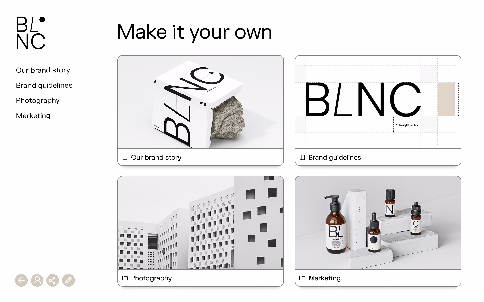 Brandguide branding page layout titled 'Make it your own' featuring four sections: a 3D cube with the text BLNC around a rock representing Our brand story; a logo blueprint with measurements labeled Brand guidelines; a black and white photo of modern architecture labeled Photography; and cosmetic product bottles on concrete blocks labeled Marketing.